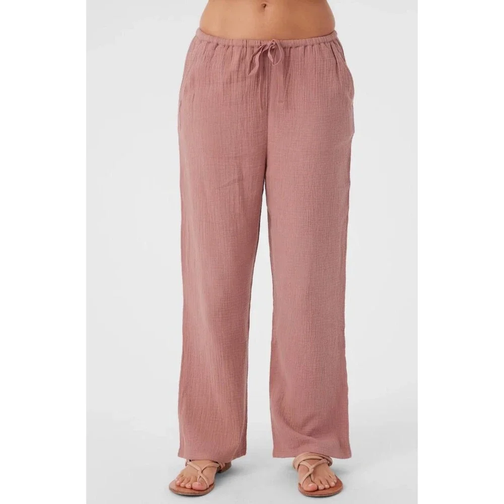 O'Neill Wide-Leg Cropped Pants - Crinkle Cotton, Rosewood Pink Drawstring - Picture 5 of 5
